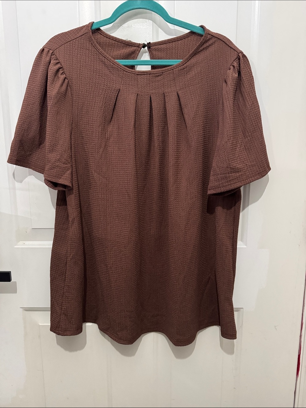 SHEIN Brown Short Sleeve Pleated Round Neck Blouse